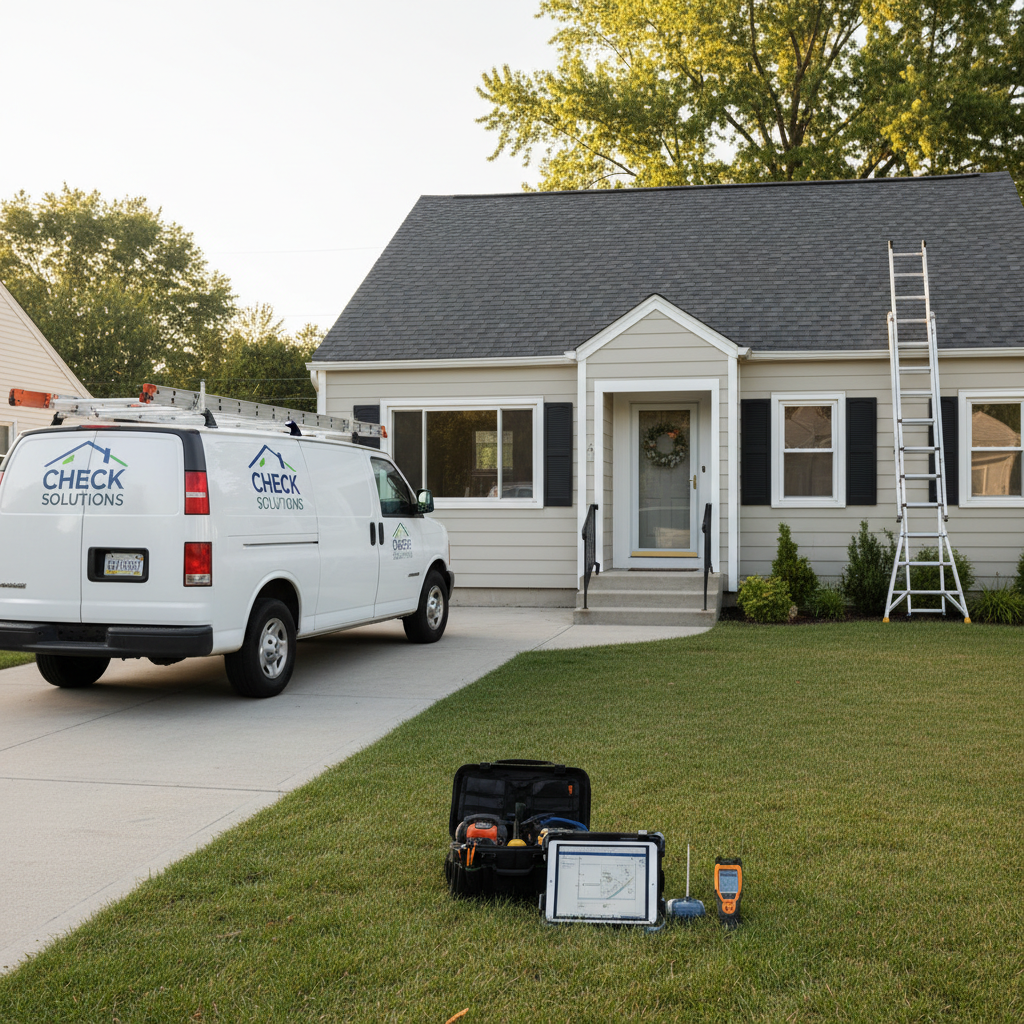 A well-maintained, single-story suburban home with a light beige exterior, shingle roof, and neat landscaping, captured in crisp photographic realism. A white inspection vehicle with generic graphics is parked neatly in the driveway, while a sturdy aluminum ladder rests securely against the roofline. A professional-grade tool bag, digital tablet, and moisture meter are arranged on the clean concrete walkway near the front steps. Soft late-morning sunlight creates gentle highlights on the siding and roof, with subtle shadows that emphasize the home’s structure. Shot from an eye-level angle using the rule of thirds, the composition is clean and balanced, with sharp focus throughout. The mood is professional, calm, and reassuring, highlighting the reliability and thoroughness of a home inspection service.