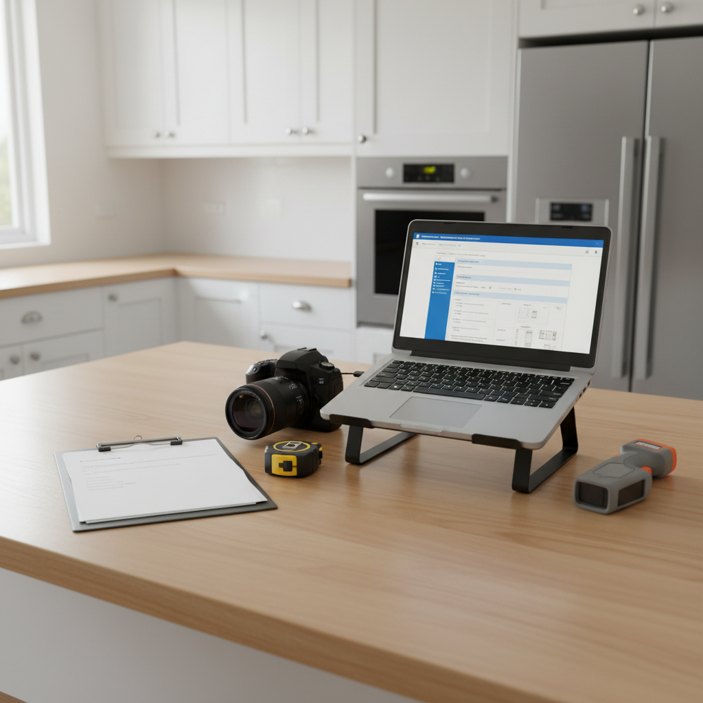 A bright, organized home inspection workstation set up on a smooth wooden kitchen island in a modern residential home, captured in detailed photographic realism. A rugged laptop displaying a generic home inspection report screen sits open beside a clipboard with blank forms, a digital camera, a tape measure, and an infrared thermometer, all neatly arranged. In the background, sleek white cabinets and stainless-steel appliances are softly blurred, suggesting a well-kept home. Natural daylight streams through an unseen window, casting soft, diffused light and minimal shadows across the workspace. The mood is meticulous and trustworthy, emphasizing attention to detail. Framed from a slightly elevated angle with shallow depth of field, the composition focuses on the tools and documents, symbolizing thorough professional inspection and clear reporting.