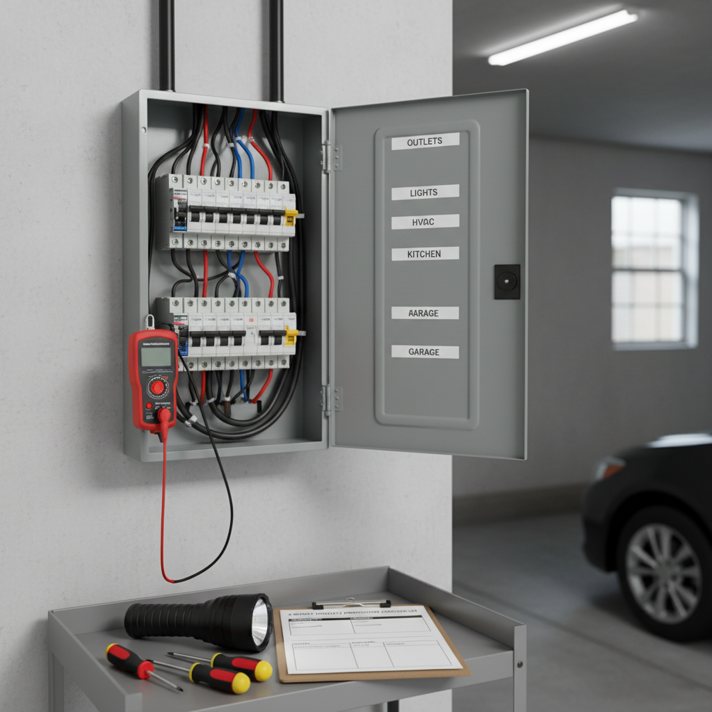 A close-up, photographic realism image of a detailed 4-point inspection in progress on a residential electrical panel mounted on a clean garage wall. The panel door is open, revealing evenly labeled circuit breakers, neatly organized wiring, and a voltage tester clipped to the side. Nearby, a sturdy flashlight, insulated screwdriver set, and a blank inspection checklist rest on a small metal utility shelf. Cool, diffused LED overhead lighting illuminates the scene, creating crisp visibility with soft, controlled shadows. The composition is framed at an eye-level angle with tight focus on the panel and tools, while the background softly recedes. The mood is technical, precise, and professional, highlighting the methodical nature of structural, electrical, plumbing, and HVAC evaluations in a 4-point inspection.