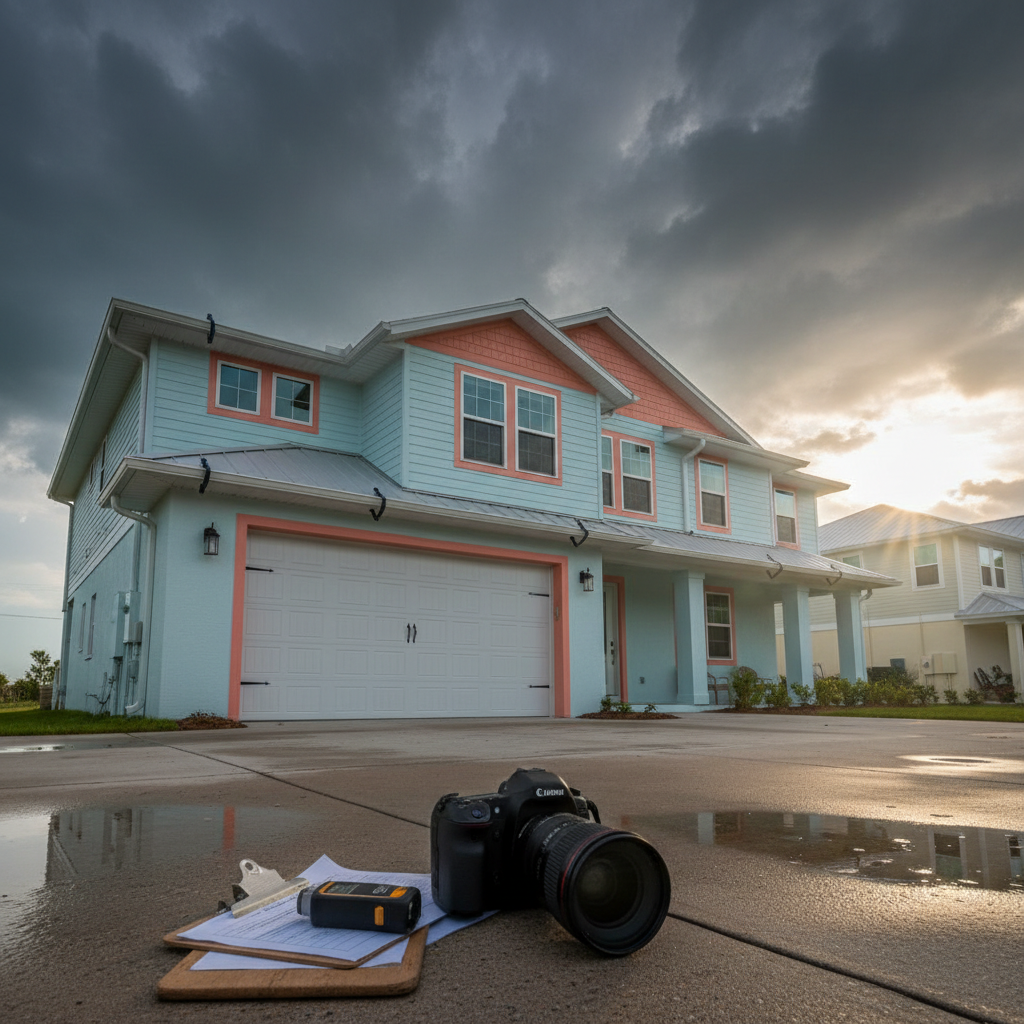 A coastal Florida-style home with light pastel siding and a hip roof is shown in photographic realism just after a rainstorm, with dramatic clouds breaking to reveal late-afternoon sun. The camera is positioned at a slightly low angle, emphasizing the roofline where hurricane straps, impact-resistant windows, and reinforced garage door details are clearly visible. A wind mitigation inspection kit, including a clipboard, digital camera, and small anemometer, rests neatly on the dry portion of the driveway. Puddles on the concrete subtly reflect the house and sky. The lighting creates a bright but softened glow, with gentle highlights along the eaves and muted shadows under the porch. The mood is serious yet reassuring, underscoring preparedness and protection against wind damage and severe weather.